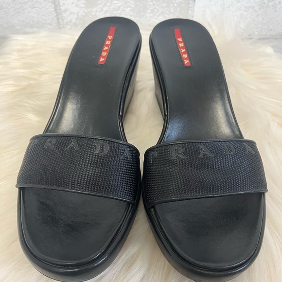 Prada Logo Open Toe Wedge Platform Slip Ons Size 38.5 - Picture 2 of 9